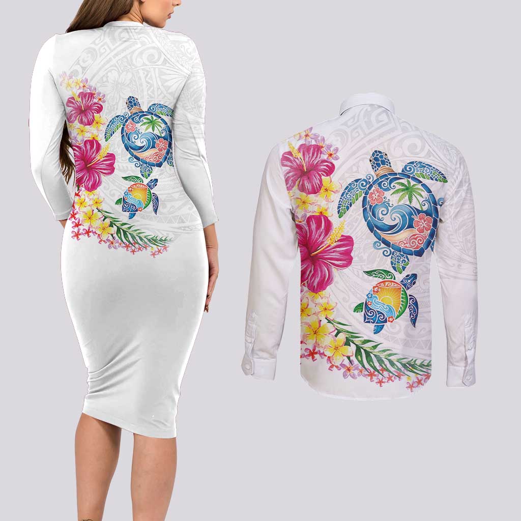 Hawaiian Abstract Art Turtles Couples Matching Long Sleeve Bodycon Dress and Long Sleeve Button Shirt with Plumeria and Hibiscus - Polynesian Pride