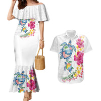 Hawaiian Abstract Art Turtles Couples Matching Mermaid Dress and Hawaiian Shirt with Plumeria and Hibiscus - Polynesian Pride