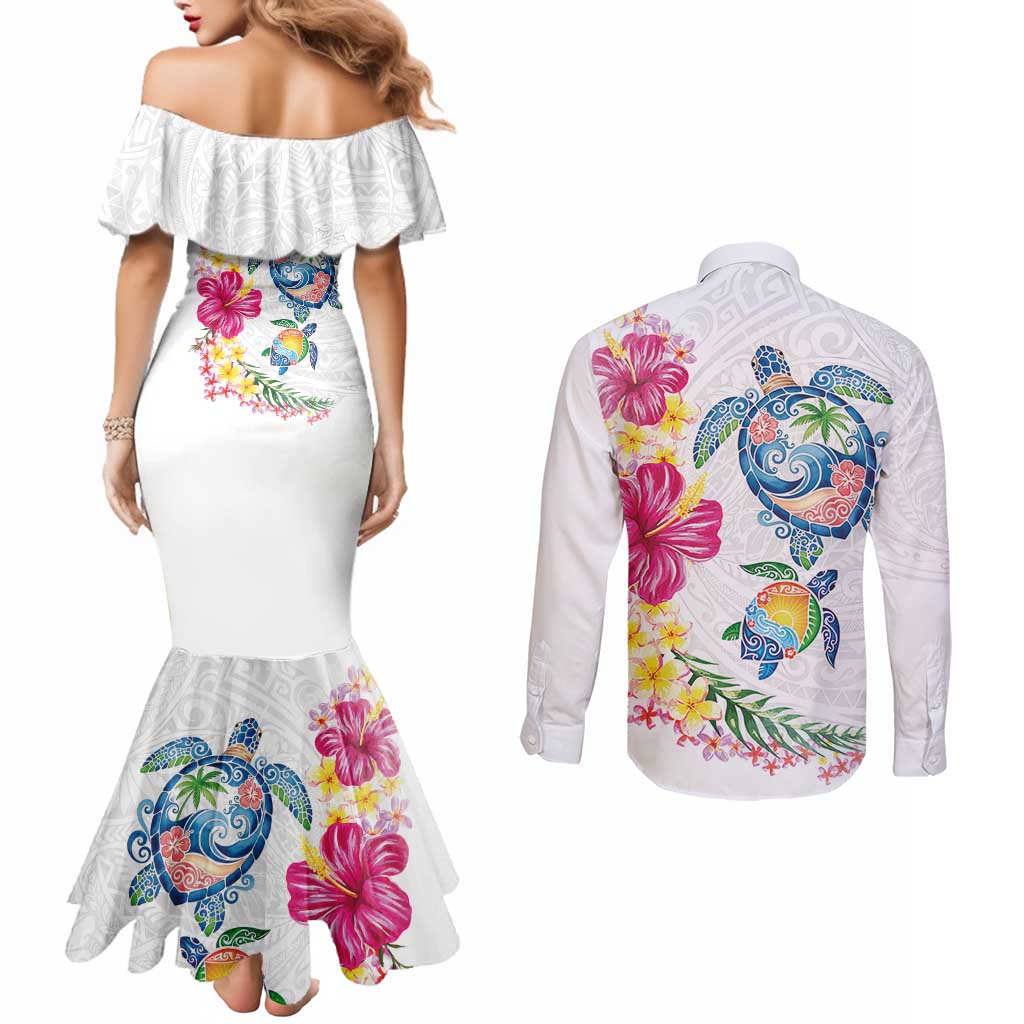 Hawaiian Abstract Art Turtles Couples Matching Mermaid Dress and Long Sleeve Button Shirt with Plumeria and Hibiscus - Polynesian Pride