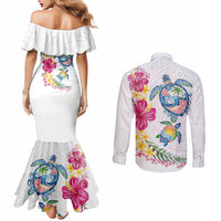 Hawaiian Abstract Art Turtles Couples Matching Mermaid Dress and Long Sleeve Button Shirt with Plumeria and Hibiscus - Polynesian Pride