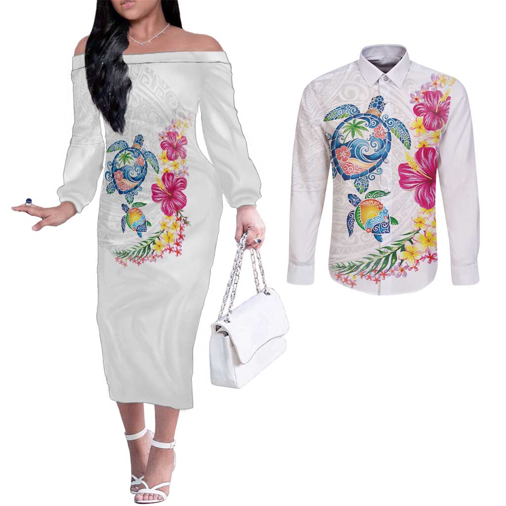 Hawaiian Abstract Art Turtles Couples Matching Off The Shoulder Long Sleeve Dress and Long Sleeve Button Shirt with Plumeria and Hibiscus - Polynesian Pride