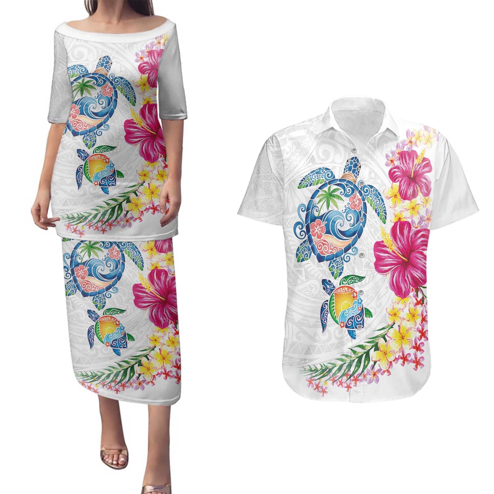 Hawaiian Abstract Art Turtles Couples Matching Puletasi and Hawaiian Shirt with Plumeria and Hibiscus - Polynesian Pride