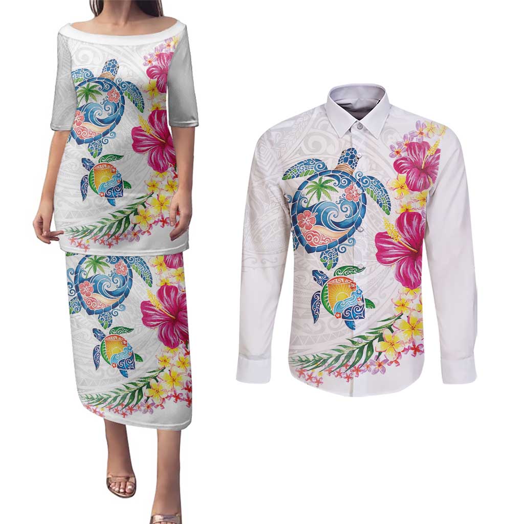 Hawaiian Abstract Art Turtles Couples Matching Puletasi and Long Sleeve Button Shirt with Plumeria and Hibiscus - Polynesian Pride