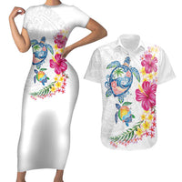 Hawaiian Abstract Art Turtles Couples Matching Short Sleeve Bodycon Dress and Hawaiian Shirt with Plumeria and Hibiscus - Polynesian Pride