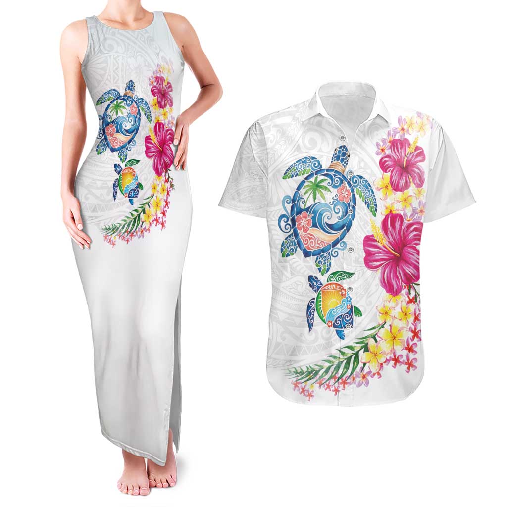 Hawaiian Abstract Art Turtles Couples Matching Tank Maxi Dress and Hawaiian Shirt with Plumeria and Hibiscus - Polynesian Pride