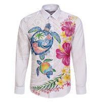 Hawaiian Abstract Art Turtles Family Matching Long Sleeve Bodycon Dress and Hawaiian Shirt with Plumeria and Hibiscus - Polynesian Pride