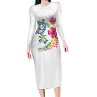 Hawaiian Abstract Art Turtles Family Matching Long Sleeve Bodycon Dress and Hawaiian Shirt with Plumeria and Hibiscus - Polynesian Pride