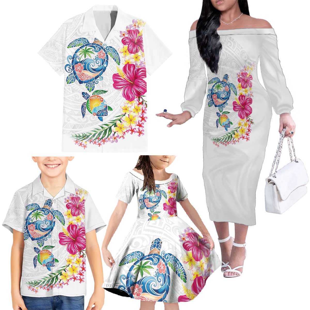 Hawaiian Abstract Art Turtles Family Matching Off The Shoulder Long Sleeve Dress and Hawaiian Shirt with Plumeria and Hibiscus - Polynesian Pride