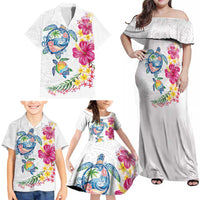 Hawaiian Abstract Art Turtles Family Matching Off Shoulder Maxi Dress and Hawaiian Shirt with Plumeria and Hibiscus - Polynesian Pride