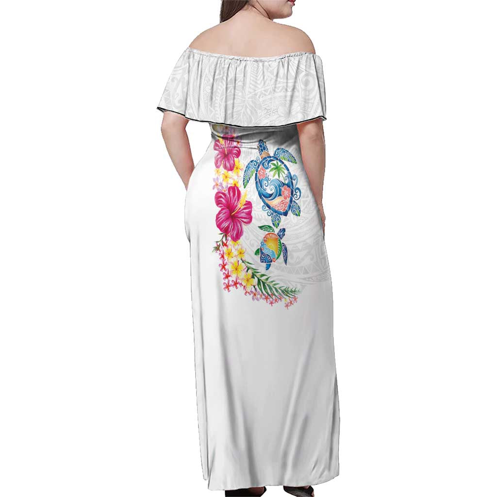 Hawaiian Abstract Art Turtles Family Matching Off Shoulder Maxi Dress and Hawaiian Shirt with Plumeria and Hibiscus - Polynesian Pride
