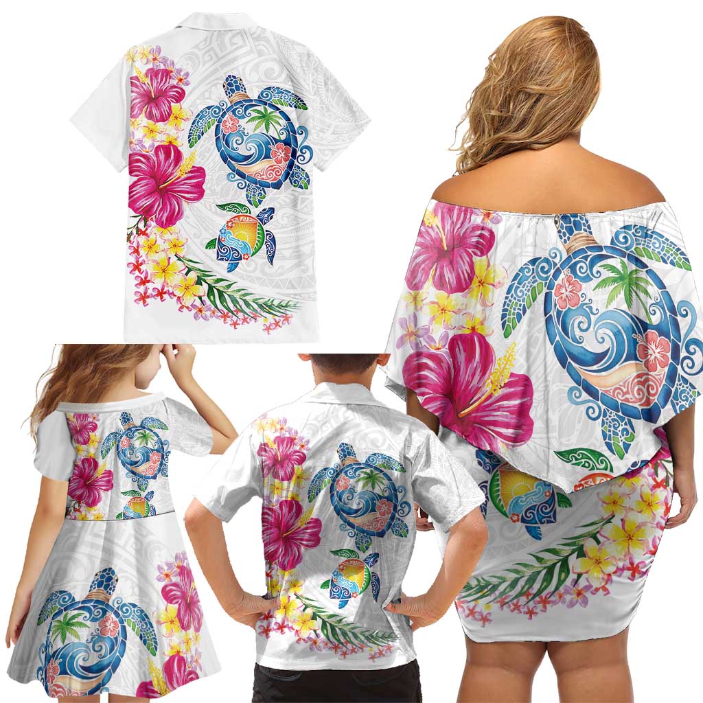 Hawaiian Abstract Art Turtles Family Matching Off Shoulder Short Dress and Hawaiian Shirt with Plumeria and Hibiscus - Polynesian Pride