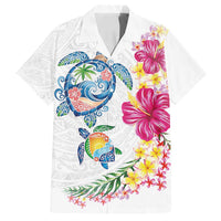 Hawaiian Abstract Art Turtles Family Matching Off Shoulder Short Dress and Hawaiian Shirt with Plumeria and Hibiscus - Polynesian Pride