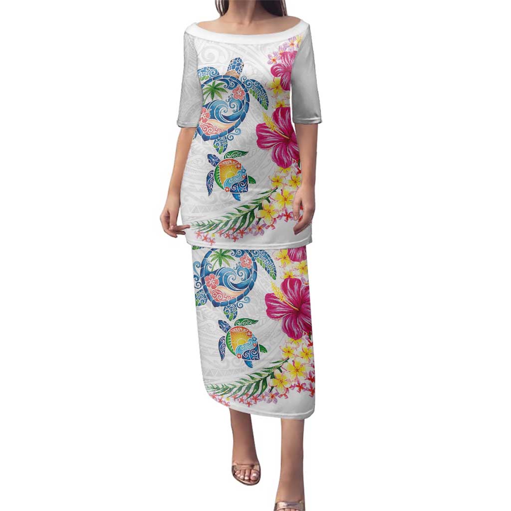 Hawaiian Abstract Art Turtles Family Matching Puletasi and Hawaiian Shirt with Plumeria and Hibiscus - Polynesian Pride