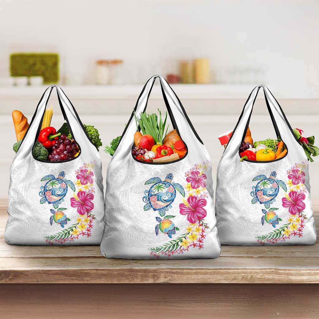 Hawaiian Abstract Art Turtles Grocery Bag with Plumeria and Hibiscus LT03 3-pack One Size White - Polynesian Pride
