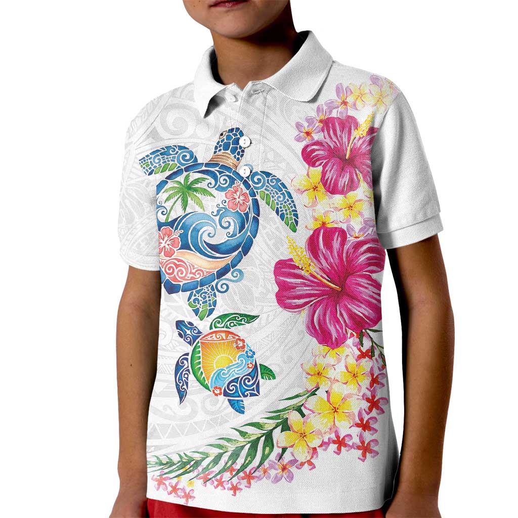 Hawaiian Abstract Art Turtles Kid Polo Shirt with Plumeria and Hibiscus LT03 Kid White - Polynesian Pride