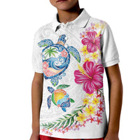 Hawaiian Abstract Art Turtles Kid Polo Shirt with Plumeria and Hibiscus LT03 Kid White - Polynesian Pride