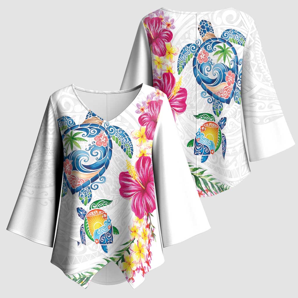 Hawaiian Abstract Art Turtles Kimono Sleeve Blouse with Plumeria and Hibiscus - Polynesian Pride