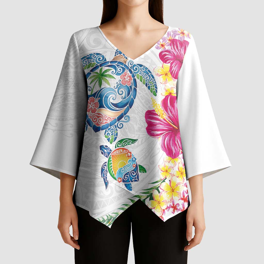 Hawaiian Abstract Art Turtles Kimono Sleeve Blouse with Plumeria and Hibiscus - Polynesian Pride