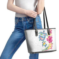 Hawaiian Abstract Art Turtles Leather Tote Bag with Plumeria and Hibiscus - Polynesian Pride