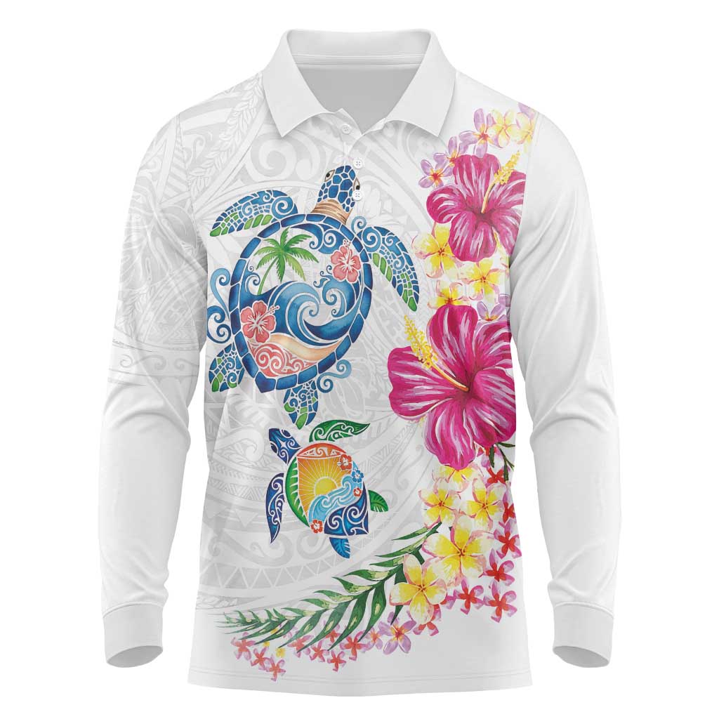 Hawaiian Abstract Art Turtles Long Sleeve Polo Shirt with Plumeria and Hibiscus - Polynesian Pride