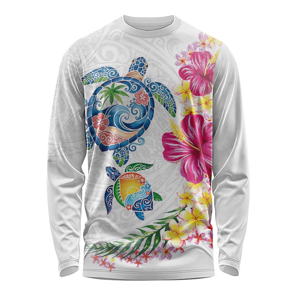 Hawaiian Abstract Art Turtles Long Sleeve Shirt with Plumeria and Hibiscus - Polynesian Pride
