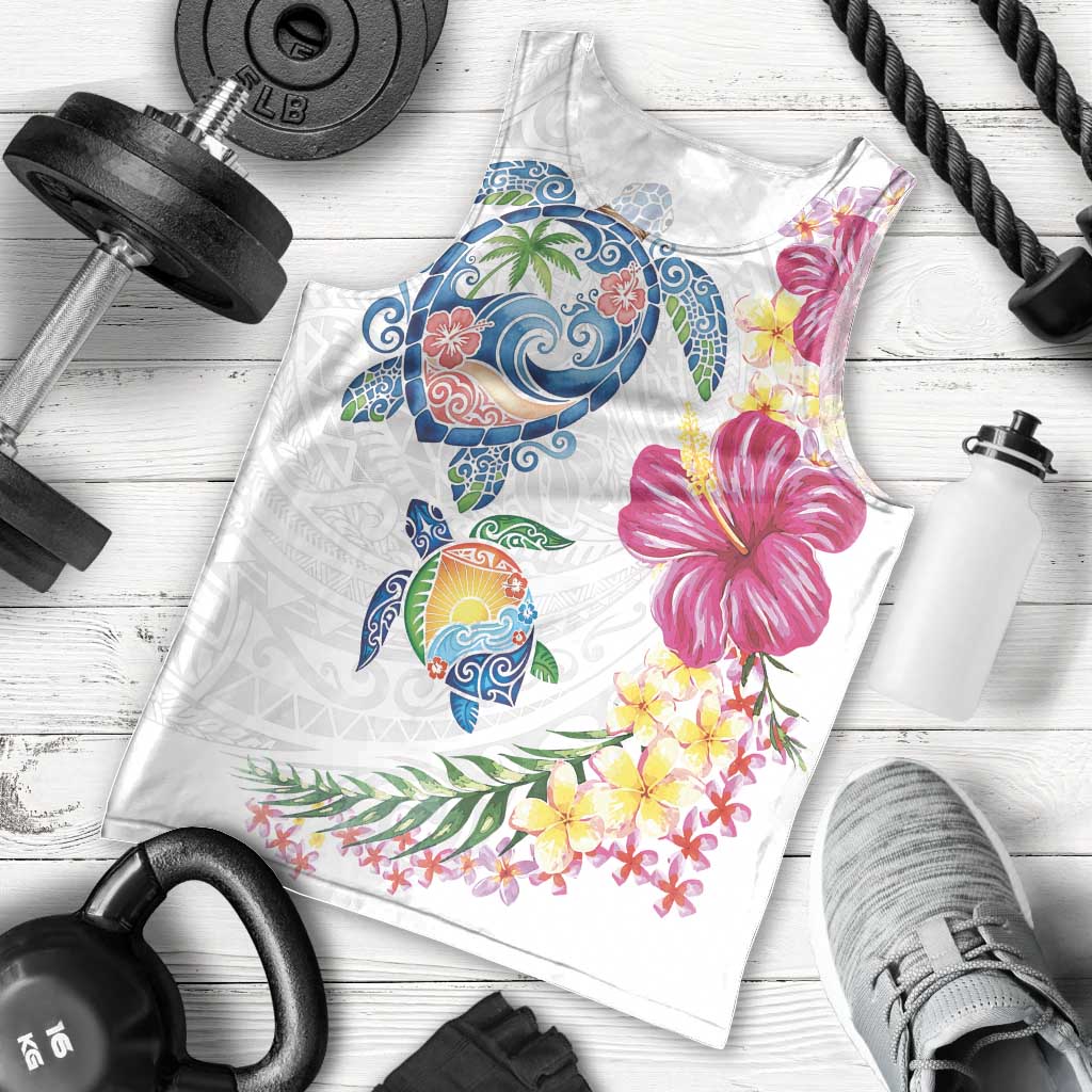 Hawaiian Abstract Art Turtles Men Tank Top with Plumeria and Hibiscus - Polynesian Pride