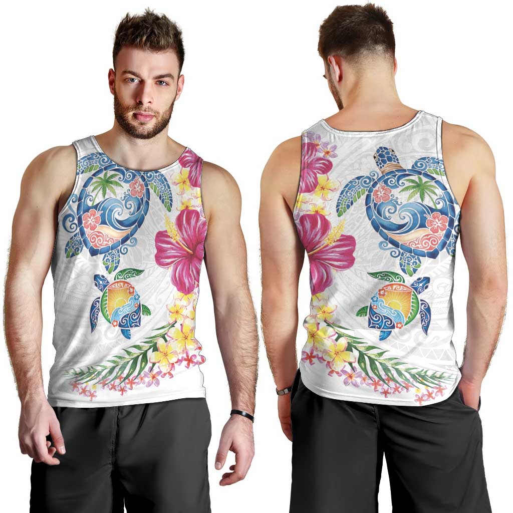 Hawaiian Abstract Art Turtles Men Tank Top with Plumeria and Hibiscus - Polynesian Pride
