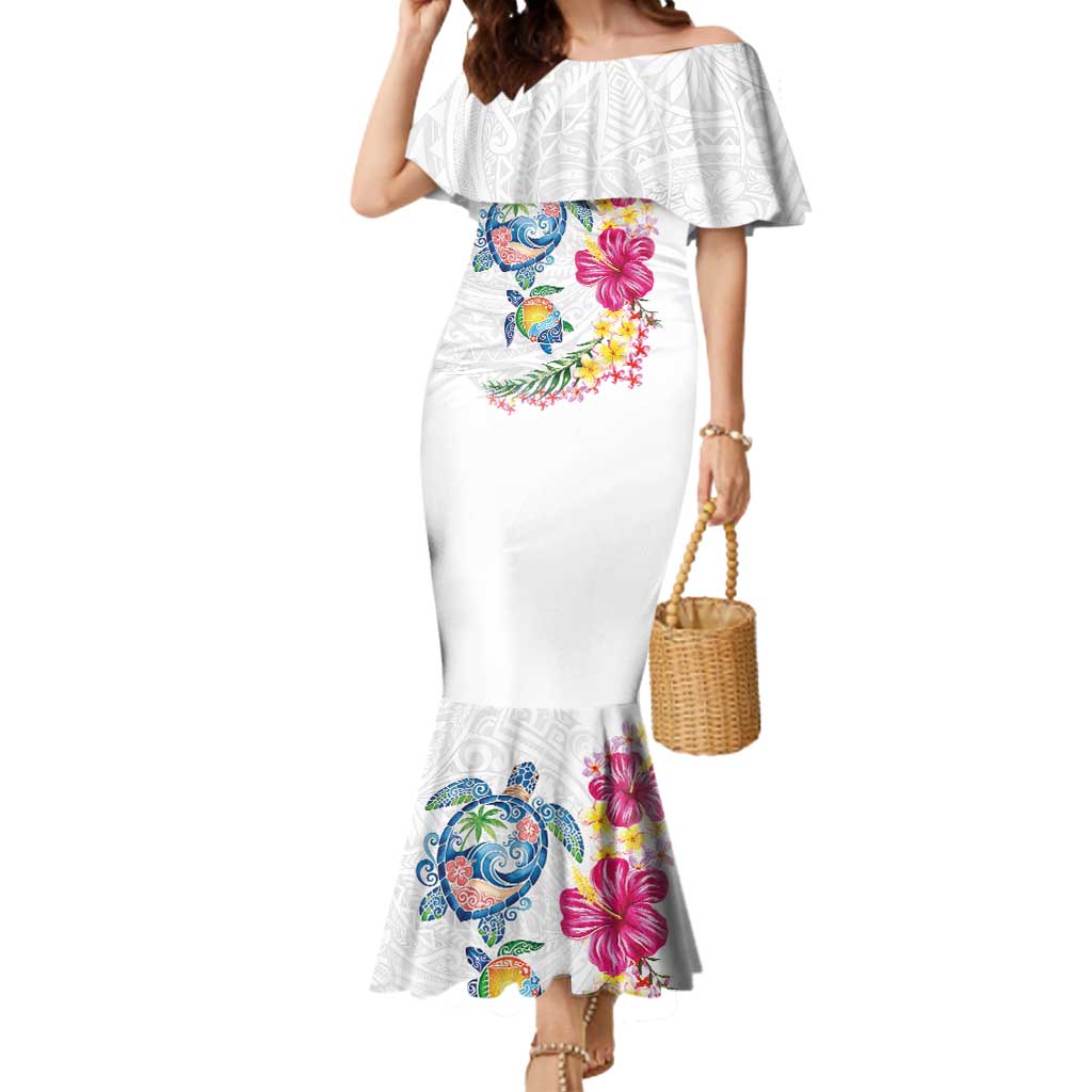 Hawaiian Abstract Art Turtles Mermaid Dress with Plumeria and Hibiscus - Polynesian Pride