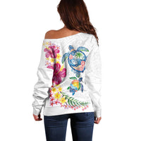 Hawaiian Abstract Art Turtles Off Shoulder Sweater with Plumeria and Hibiscus - Polynesian Pride