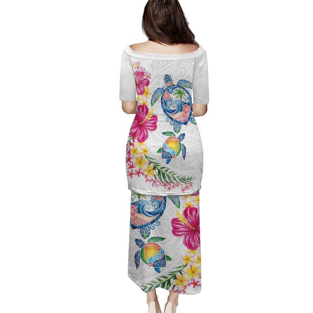 Hawaiian Abstract Art Turtles Puletasi with Plumeria and Hibiscus - Polynesian Pride