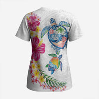Hawaiian Abstract Art Turtles Scrub Top with Plumeria and Hibiscus - Polynesian Pride