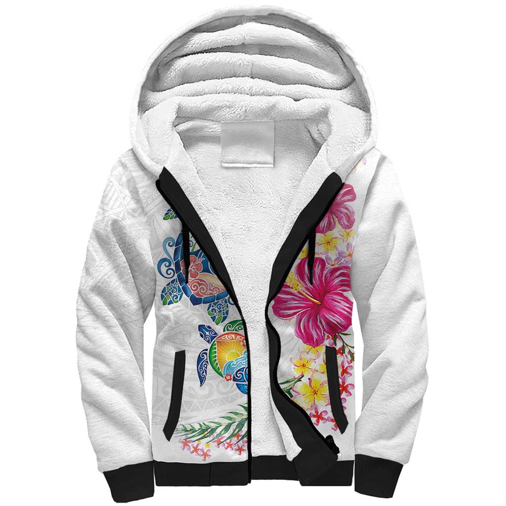 Hawaiian Abstract Art Turtles Sherpa Hoodie with Plumeria and Hibiscus - Polynesian Pride
