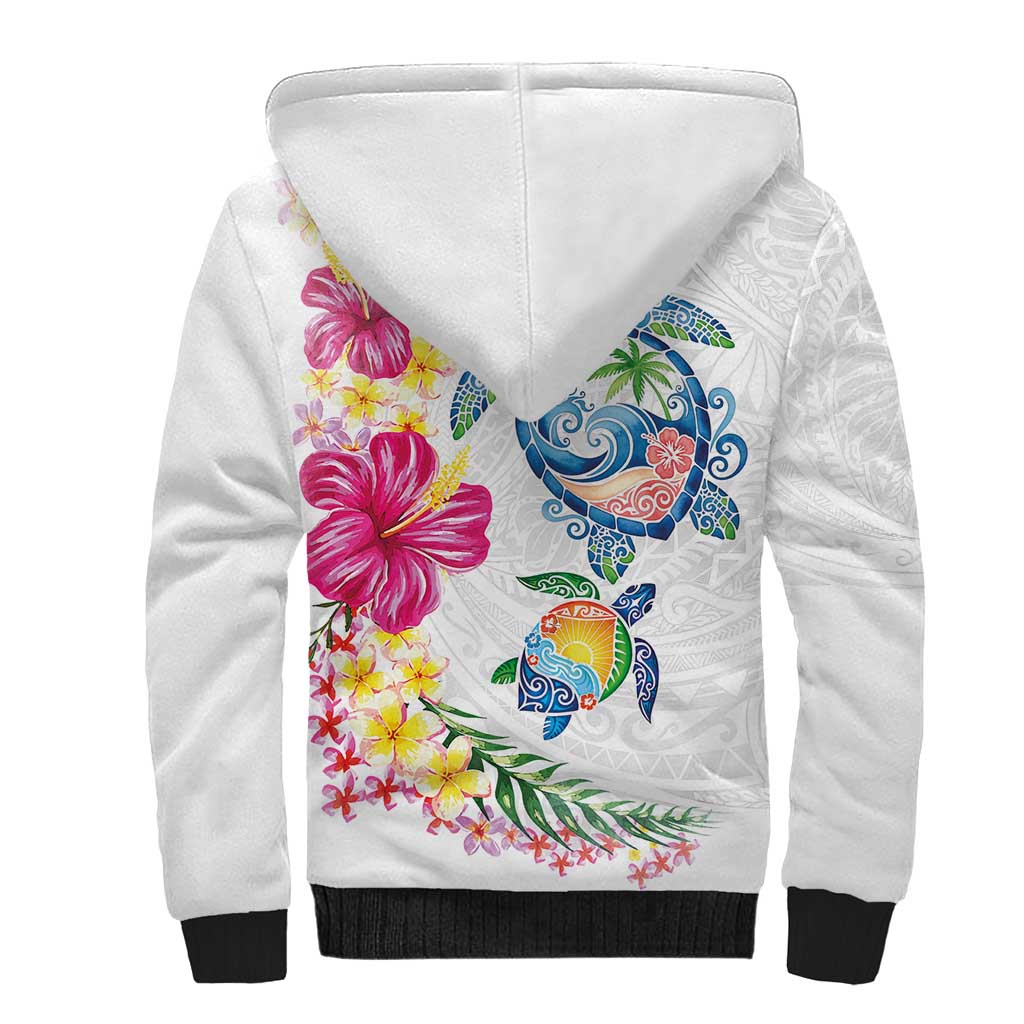 Hawaiian Abstract Art Turtles Sherpa Hoodie with Plumeria and Hibiscus - Polynesian Pride