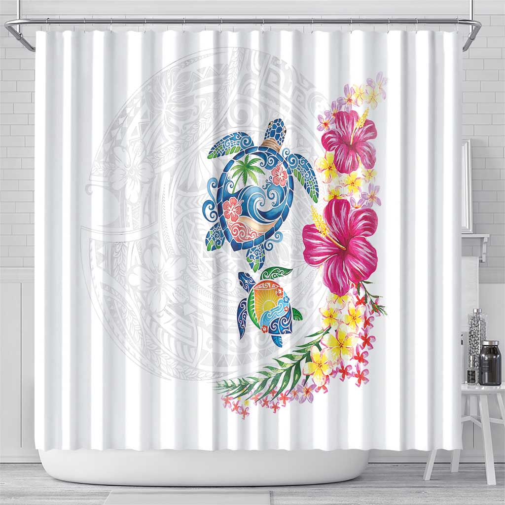 Hawaiian Abstract Art Turtles Shower Curtain with Plumeria and Hibiscus - Polynesian Pride