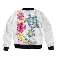 Hawaiian Abstract Art Turtles Sleeve Zip Bomber Jacket with Plumeria and Hibiscus - Polynesian Pride