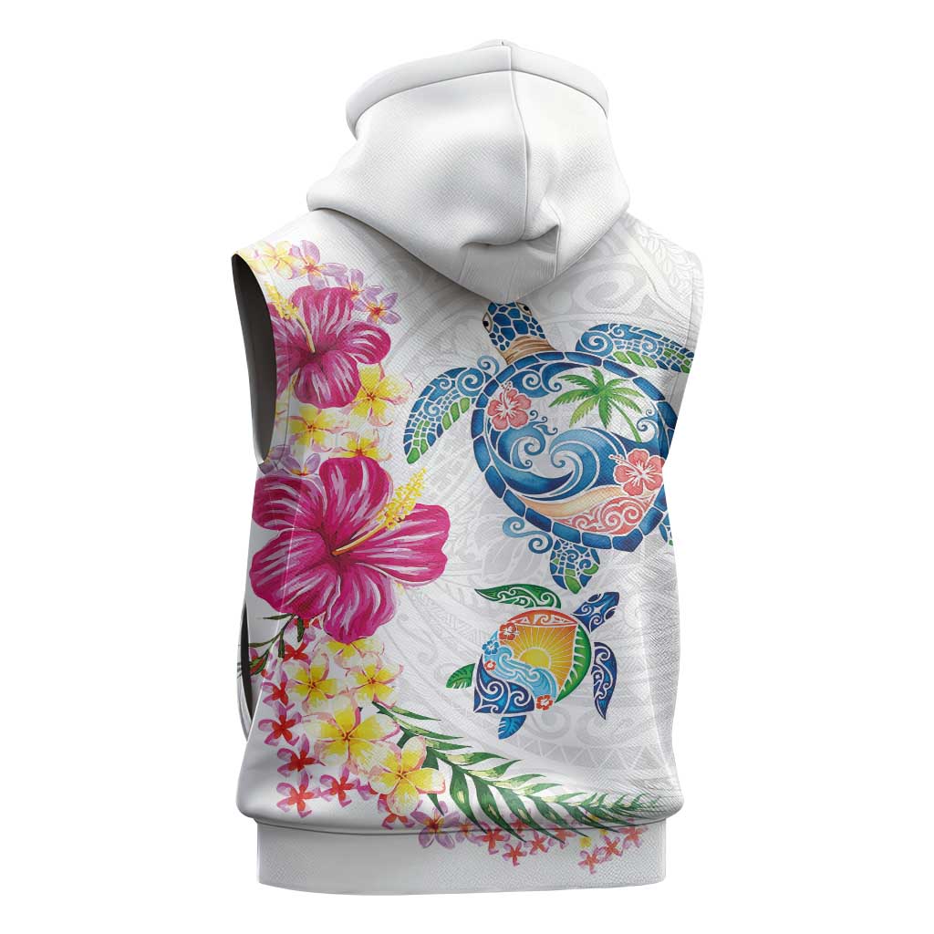 Hawaiian Abstract Art Turtles Sleeveless Hoodie with Plumeria and Hibiscus - Polynesian Pride