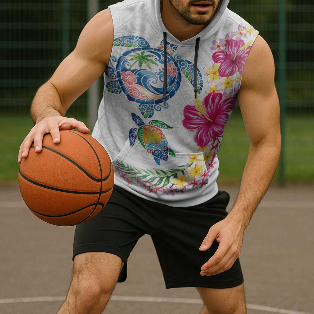 Hawaiian Abstract Art Turtles Sleeveless Hoodie with Plumeria and Hibiscus - Polynesian Pride