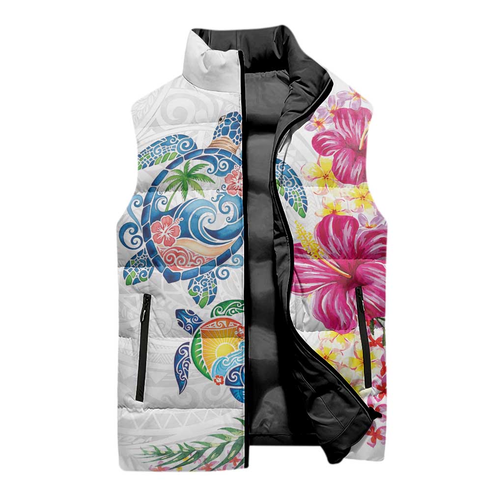 Hawaiian Abstract Art Turtles Sleeveless Puffer Jacket with Plumeria and Hibiscus - Polynesian Pride