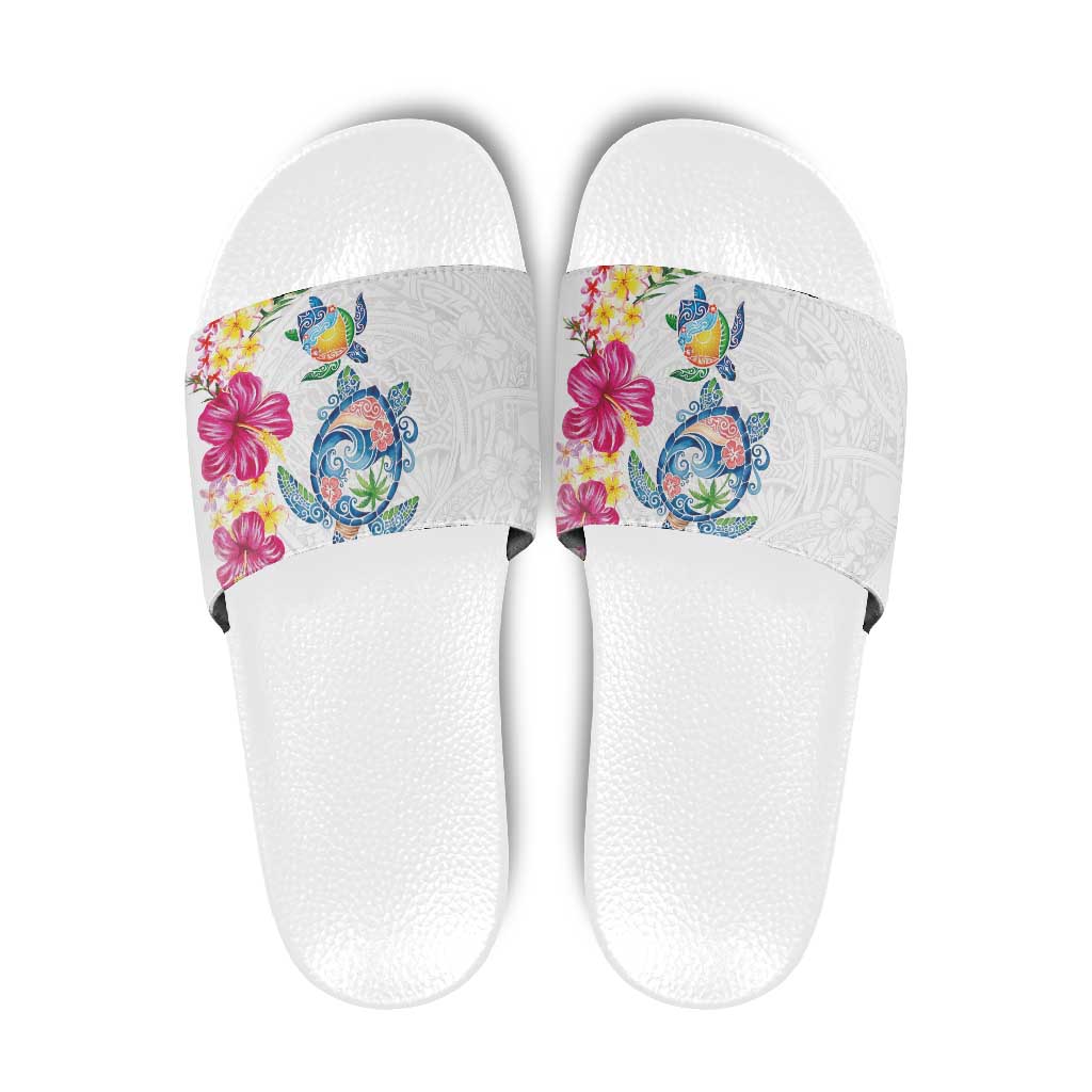 Hawaiian Abstract Art Turtles Slide Sandals with Plumeria and Hibiscus LT03 White - Polynesian Pride
