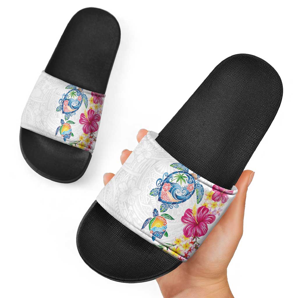 Hawaiian Abstract Art Turtles Slide Sandals with Plumeria and Hibiscus LT03 - Polynesian Pride