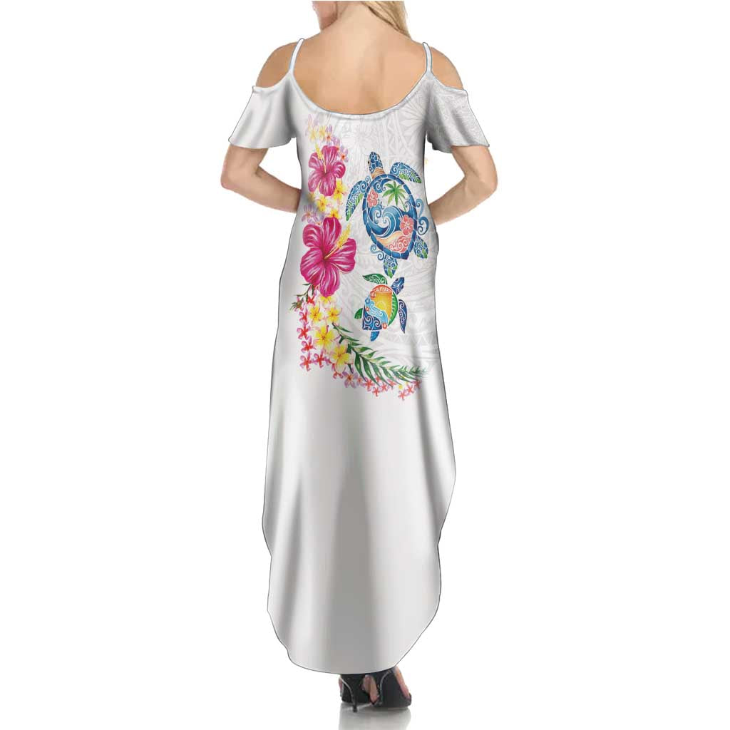 Hawaiian Abstract Art Turtles Summer Maxi Dress with Plumeria and Hibiscus - Polynesian Pride