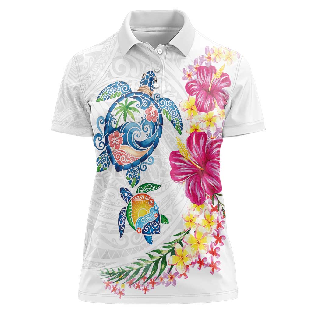 Hawaiian Abstract Art Turtles Women Polo Shirt with Plumeria and Hibiscus - Polynesian Pride