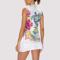 Hawaiian Abstract Art Turtles Women Sleeveless Polo Shirt with Plumeria and Hibiscus - Polynesian Pride