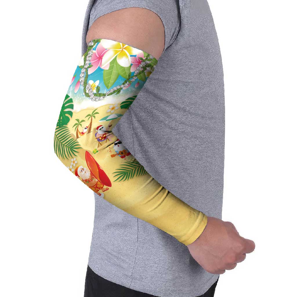 Hawaiian Mele Kalikimaka Arm Sleeves Tropical Plumeria and Lei Funny Santa Beach - Polynesian Pride