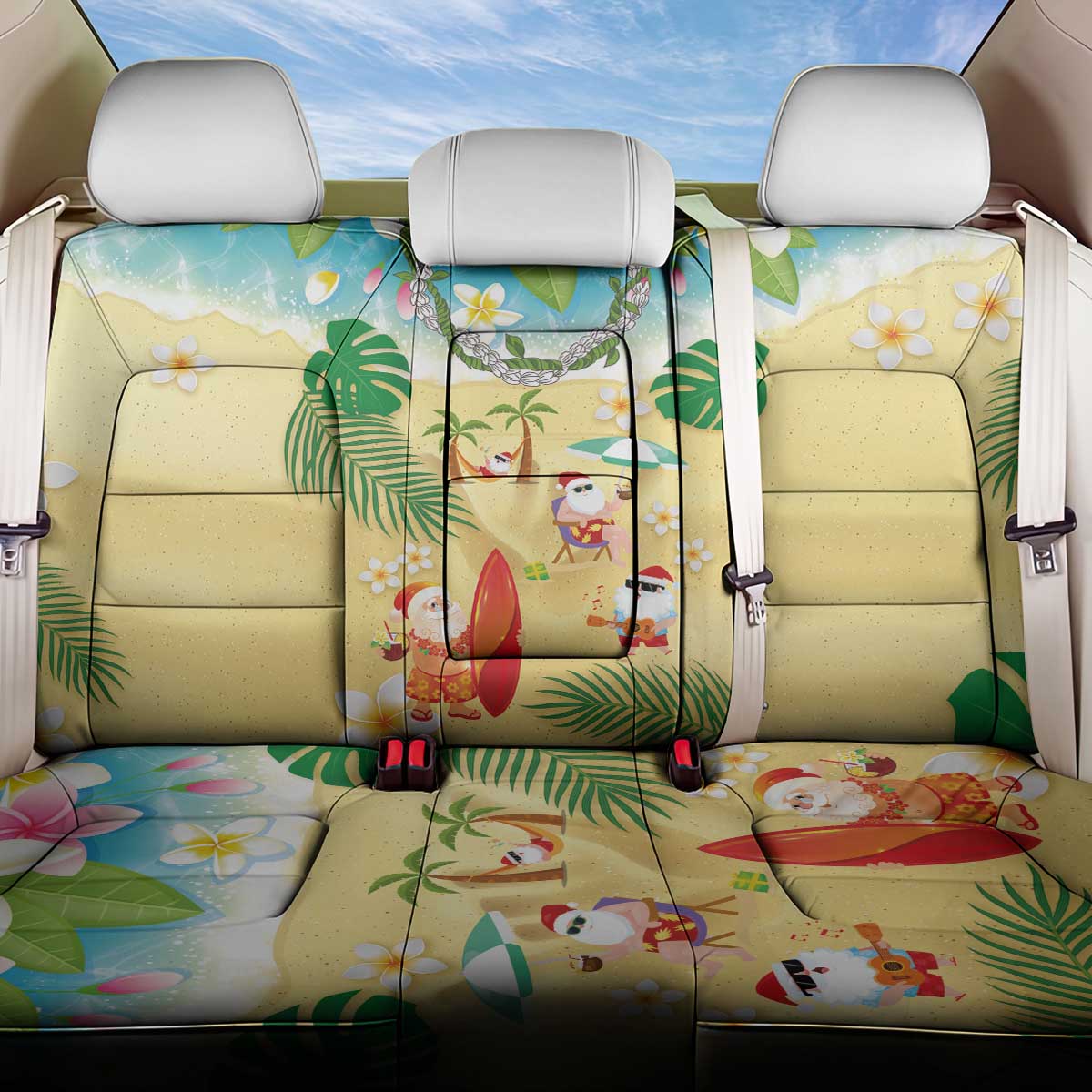 Hawaiian Mele Kalikimaka Back Car Seat Cover Tropical Plumeria and Lei Funny Santa Beach - Polynesian Pride