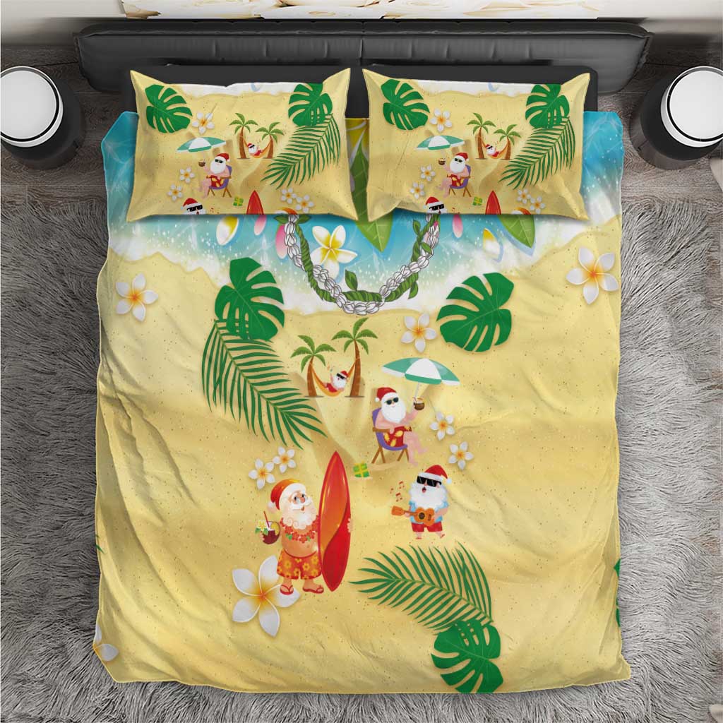 Hawaiian Mele Kalikimaka Bedding Set Tropical Plumeria and Lei Funny Santa Beach - Polynesian Pride