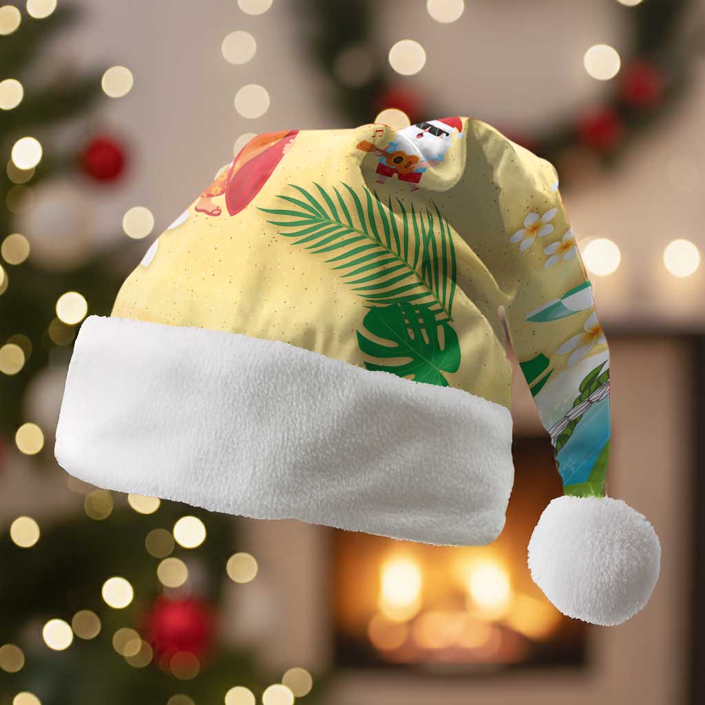 Hawaiian Mele Kalikimaka Christmas Santa Hat Funny Santa Claus on Beach with Tropical Plants and Lei - Polynesian Pride