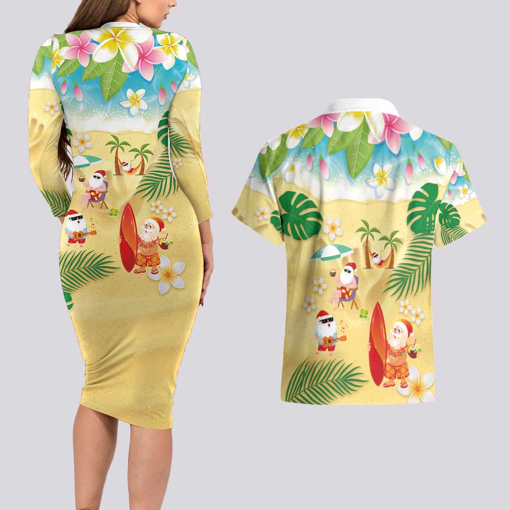 Hawaiian Mele Kalikimaka Couples Matching Long Sleeve Bodycon Dress and Hawaiian Shirt Tropical Plumeria and Lei Funny Santa Beach - Polynesian Pride