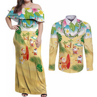 Hawaiian Mele Kalikimaka Couples Matching Off Shoulder Maxi Dress and Long Sleeve Button Shirt Tropical Plumeria and Lei Funny Santa Beach - Polynesian Pride