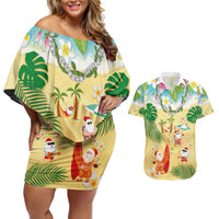Hawaiian Mele Kalikimaka Couples Matching Off Shoulder Short Dress and Hawaiian Shirt Tropical Plumeria and Lei Funny Santa Beach - Polynesian Pride